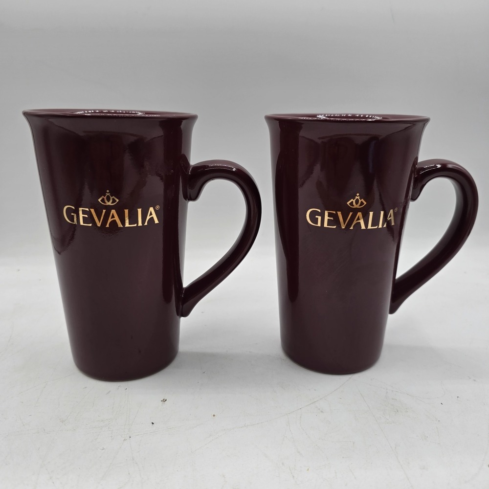 X2 Gevalia Coffee Mug Cup 12oz Burgundy Maroon Gold Logo Tall Ceramic Bistro